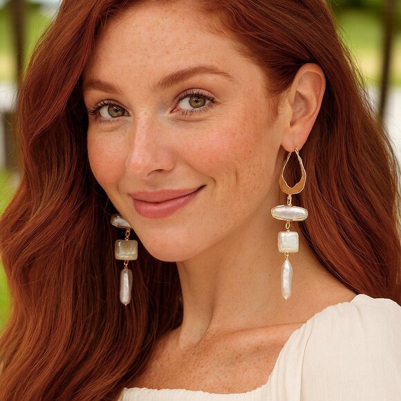 🆕️Gold Pearl Drop Earrings, Statement Dangle Earrings, Boho Chic Bridal Jewelry - Picture 1 of 14